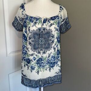Joie Taj Delft Blue Women's XS Silk Floral Peasant Blouse Square Neck Boho
